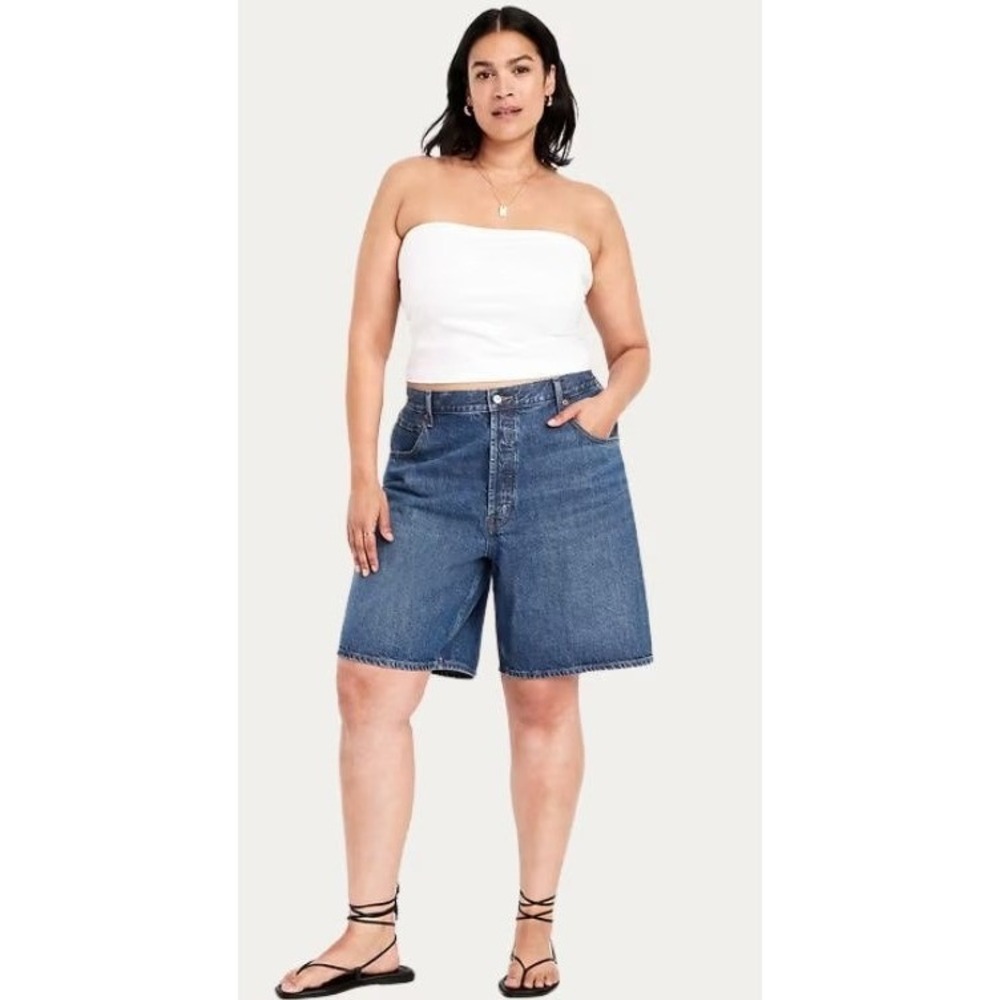 NEW Women's Dark Wash Denim Mid-Rise 9" Inseam Baggy Jean Bermuda Shorts Sz 10